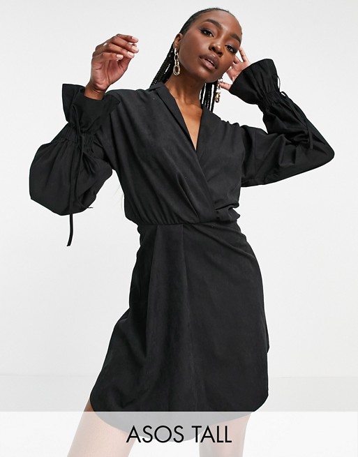 ASOS DESIGN Tall blouson sleeve mini shirt skater dress with extreme cuffs in black