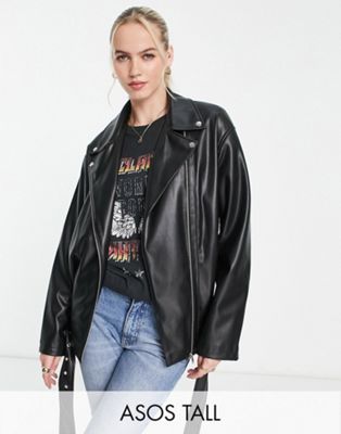 ASOS DESIGN Tall longline oversized faux leather biker jacket in black - ASOS Price Checker
