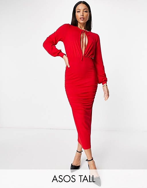 ASOS DESIGN Tall blouson tie long sleeve midi dress with side ruching in red
