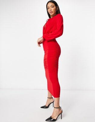 red long sleeve midi dress