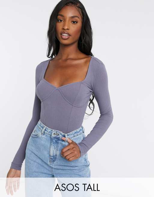 ASOS DESIGN Tall -  Body blu a coste con maniche lunghe e cuciture lungo il busto