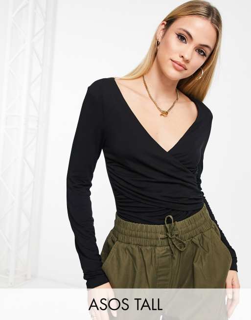 ASOS DESIGN Tall - Body cache-cœur à manches longues - Noir