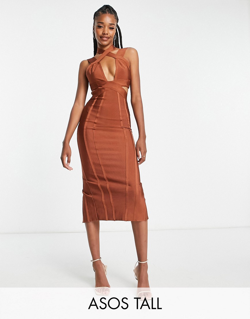 ASOS DESIGN Tall body-conscious bandage midi dress with cut-out in rust-Purple