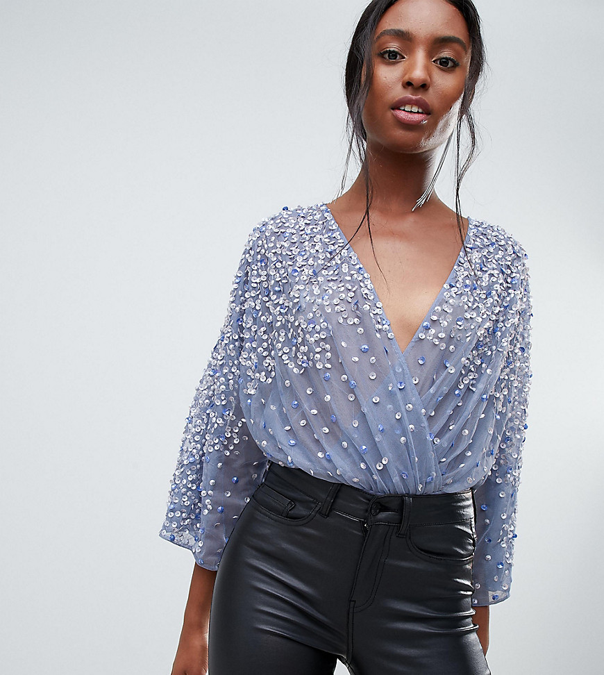 ASOS DESIGN Tall body in sequin embellishment with plunge wrap and kimono sleeve-Blue