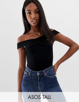 ASOS DESIGN Tall off shoulder bodysuit with wrap front and short sleeve in black Black