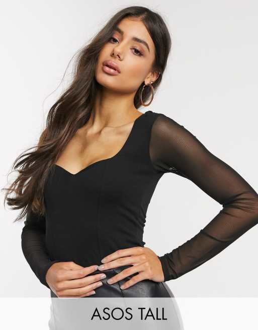 ASOS DESIGN Tall - Body met hartvormige halslijn en mesh mouwen in zwart