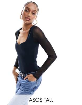 Thumbnail - ASOS DESIGN Tall - Body mit Herzausschnitt und Netzstoff-Ärmeln-Schwarz