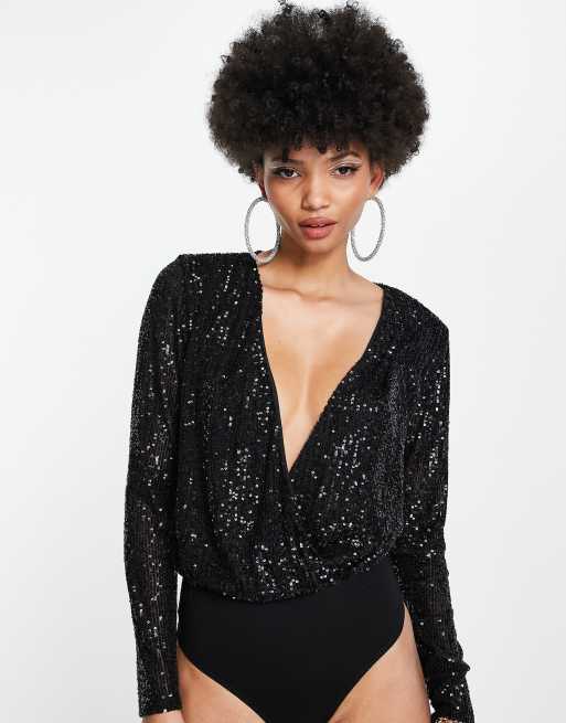 ASOS DESIGN Tall - Body nero a portafoglio con paillettes