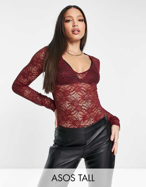 ASOS DESIGN Tall - Body van kant met lange mouwen in bordeauxrood