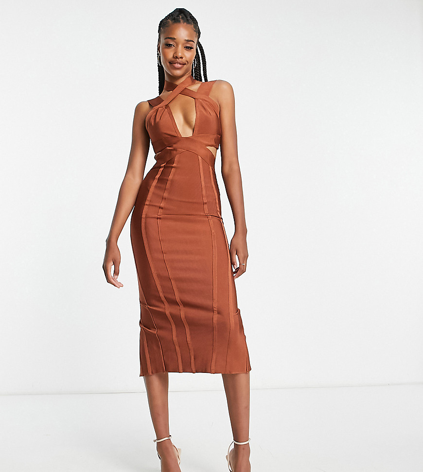 ASOS DESIGN Tall bodycon bandage midi dress with cut out in rust-Purple