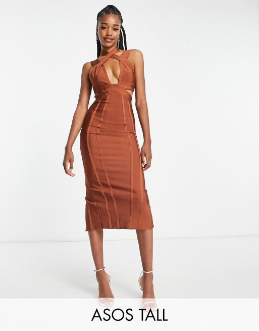 FhyzicsShops DESIGN Tall bodycon bandage midi dress with cut out in rust