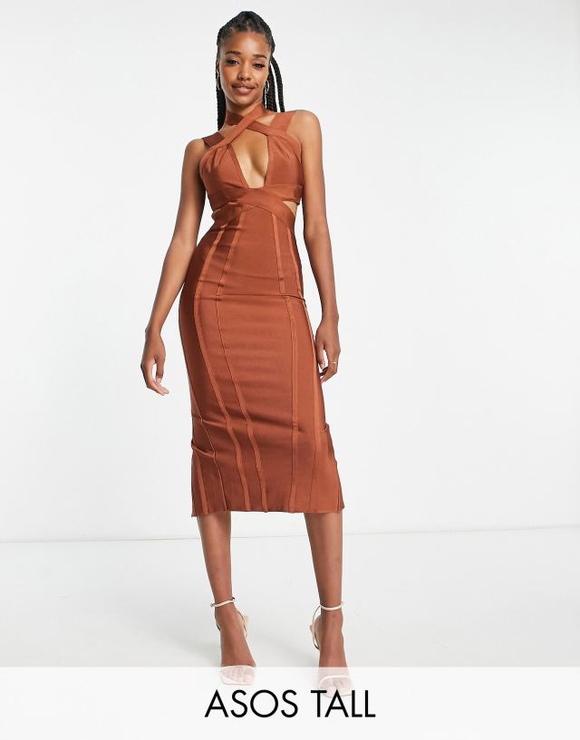 ASOS Tall - ASOS DESIGN Tall bodycon bandage midi dress with cut out in rust