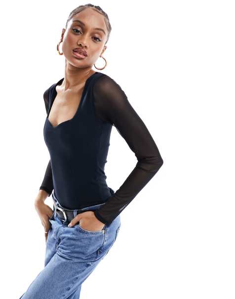 ASOS DESIGN Tall - Bodystocking med hjerteformet halsudskæring og ærmer i mesh - view 1