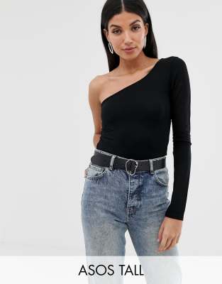 ASOS DESIGN Tall one shoulder long sleeve bodysuit in black Black
