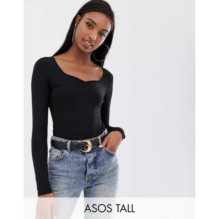 ASOS Asos Design Tall Sweetheart Neckline Bodysuit With Mesh Sleeve in Blue