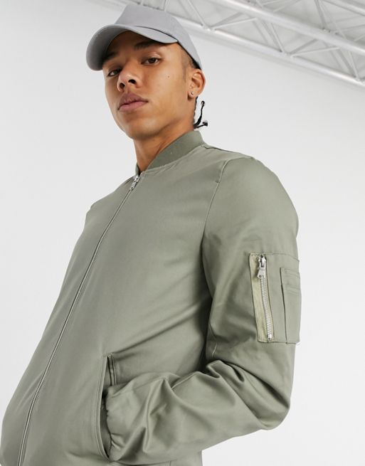 ASOS DESIGN Tall bomber jacket with MA1 pocket in light khaki