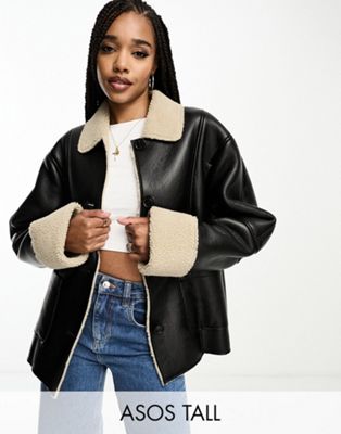 ASOS DESIGN Tall bonded borg jacket in black and stone