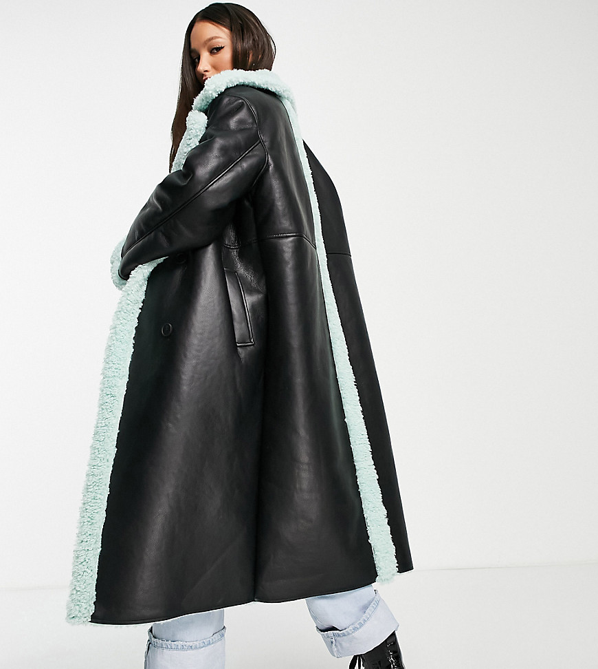 ASOS DESIGN Tall bonded borg trench coat in black and mint-Grey