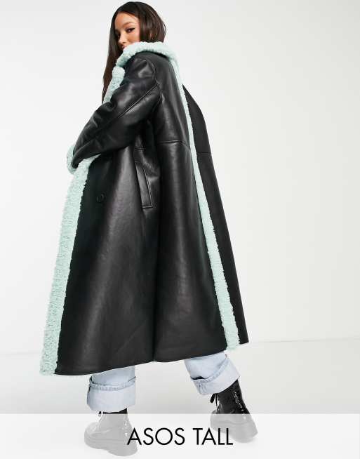 ASOS DESIGN Tall bonded sherpa trench coat in black and mint | ASOS