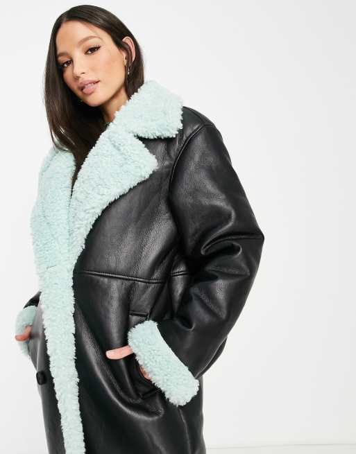 ASOS DESIGN Tall bonded sherpa trench coat in black and mint