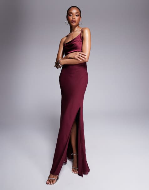 ASOS DESIGN Tall - Bordeaux oneshoulder-maxikjole med drapering i satin- og chiffonblanding - view 1