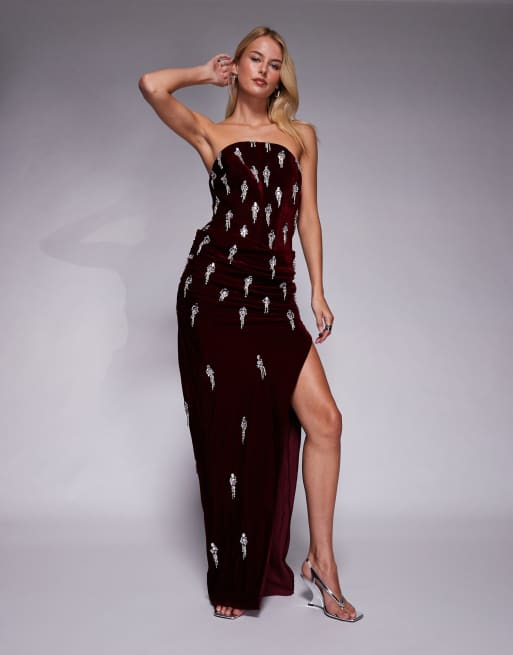 ASOS DESIGN Tall – Bordowa aksamitna sukienka gorsetowa maxi z ozdobami i drapowaną warstwą na spódnicy