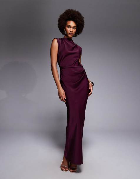 ASOS DESIGN Tall satin high neck pleated bodice midi dress in berry
