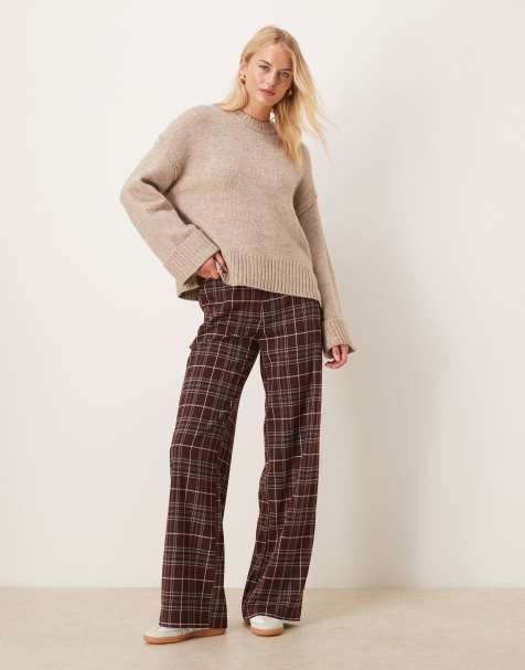 ASOS DESIGN Tall – Bordowe luźne spodnie z prostymi nogawkami i wzorem w kratkę - view 1