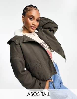 Asos Tall Asos Design Tall Borg Lined Jacket With Hood In Washed Khaki-black