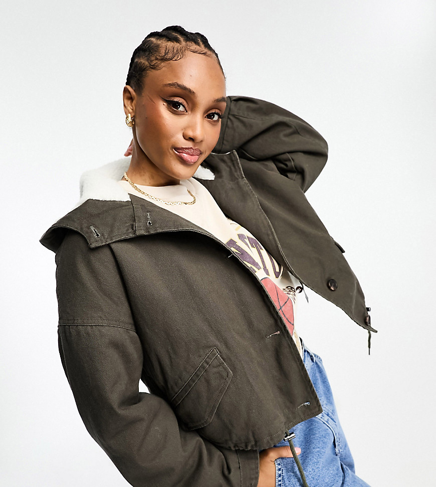 Asos Tall Asos Design Tall Borg Lined Jacket With Hood In Washed Khaki-black