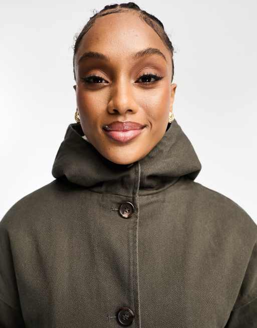 ASOS DESIGN Tall borg lined jacket with hood in washed khaki