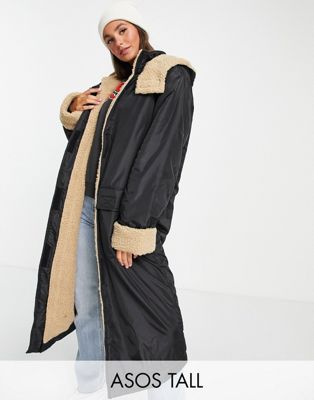 ASOS DESIGN Tall borg lined maxi rain coat in black