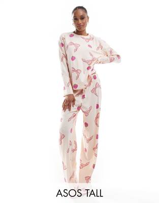 Tall bow and fruit long sleeve top & pants pajama set in pink