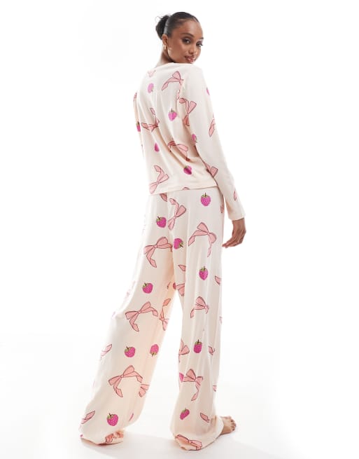 ASOS DESIGN Tall bow and fruit long sleeve top & pants pajama set in pink, 2 of 4
