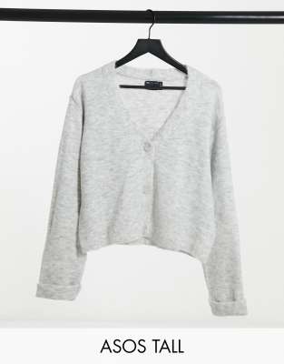 ASOS DESIGN Tall boxy cardigan with turn back cuffs in gray-Grey