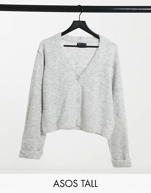 ASOS DESIGN Tall boxy cardigan with turn back cuffs in gray | ASOS