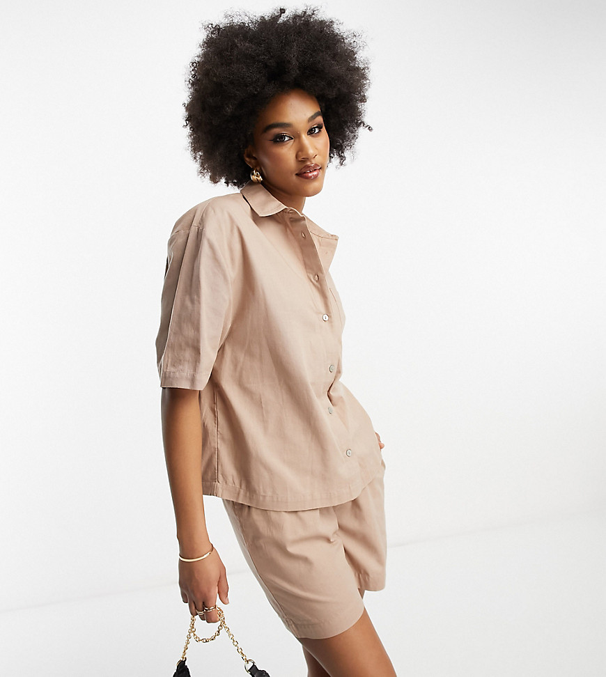 ASOS DESIGN Tall boxy shirt with linen in taupe co-ord-Brown