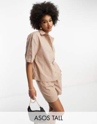 ASOS DESIGN Tall boxy shirt with linen in taupe - part of a set-Brown