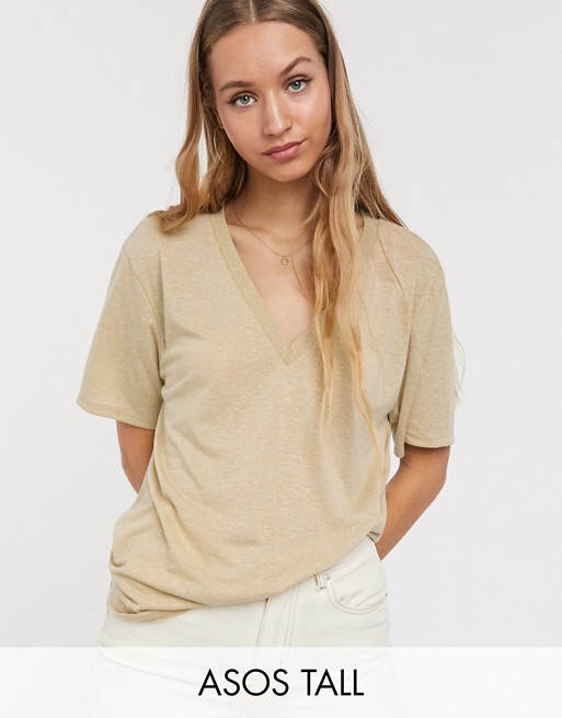 ASOS DESIGN Tall boxy t-shirt with v neck in linen mix in oatmeal