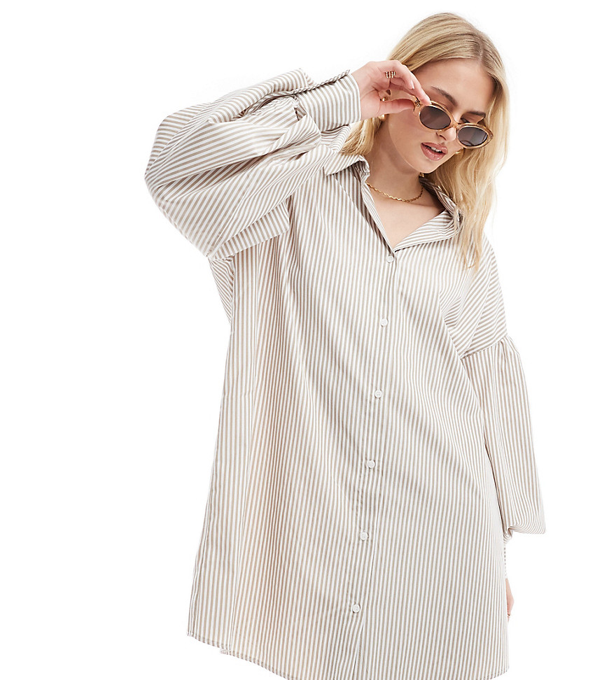 Asos Tall Asos Design Tall Boyfriend Shirt Mini Dress With Blouson Sleeve In Stone Stripe-multi