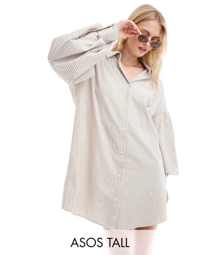 ASOS Tall - ASOS DESIGN Tall boyfriend shirt mini dress with blouson sleeve in stone stripe