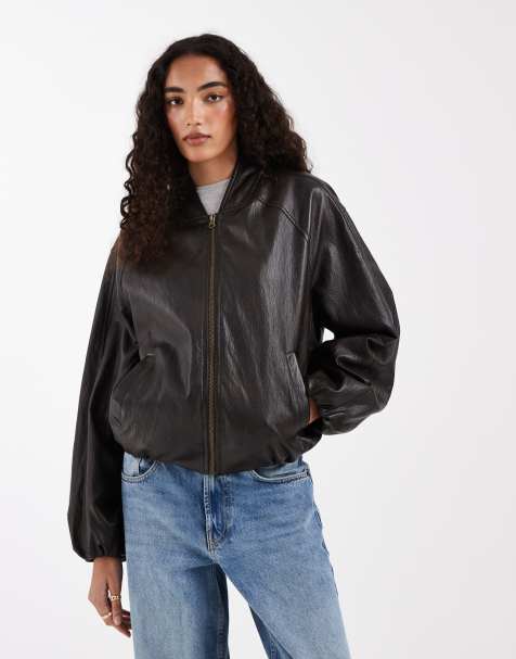 ASOS DESIGN Tall washed leather look oversized bomber jacket in brown