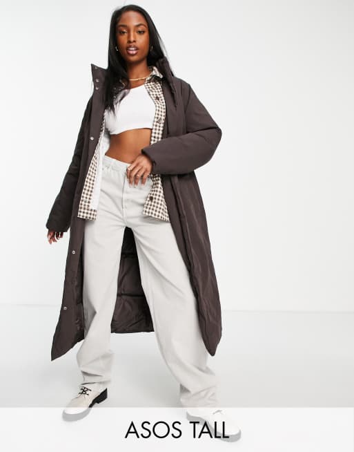 ASOS DESIGN Tall – Brązowy płaszcz ocieplany maxi o kroju oversize