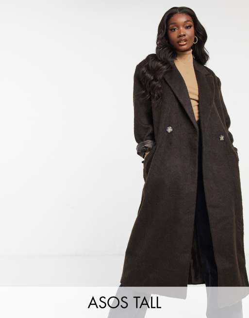 ASOS DESIGN Tall – Brązowy, szczotkowany płaszcz maxi o fasonie dad