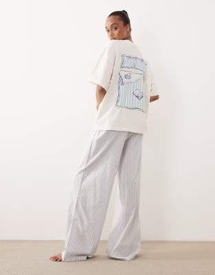 Пижамный комплект ASOS DESIGN Tall breakfast in bed с вышитым объемным топом с коротким рукавом и брюками в полоску синего цвета