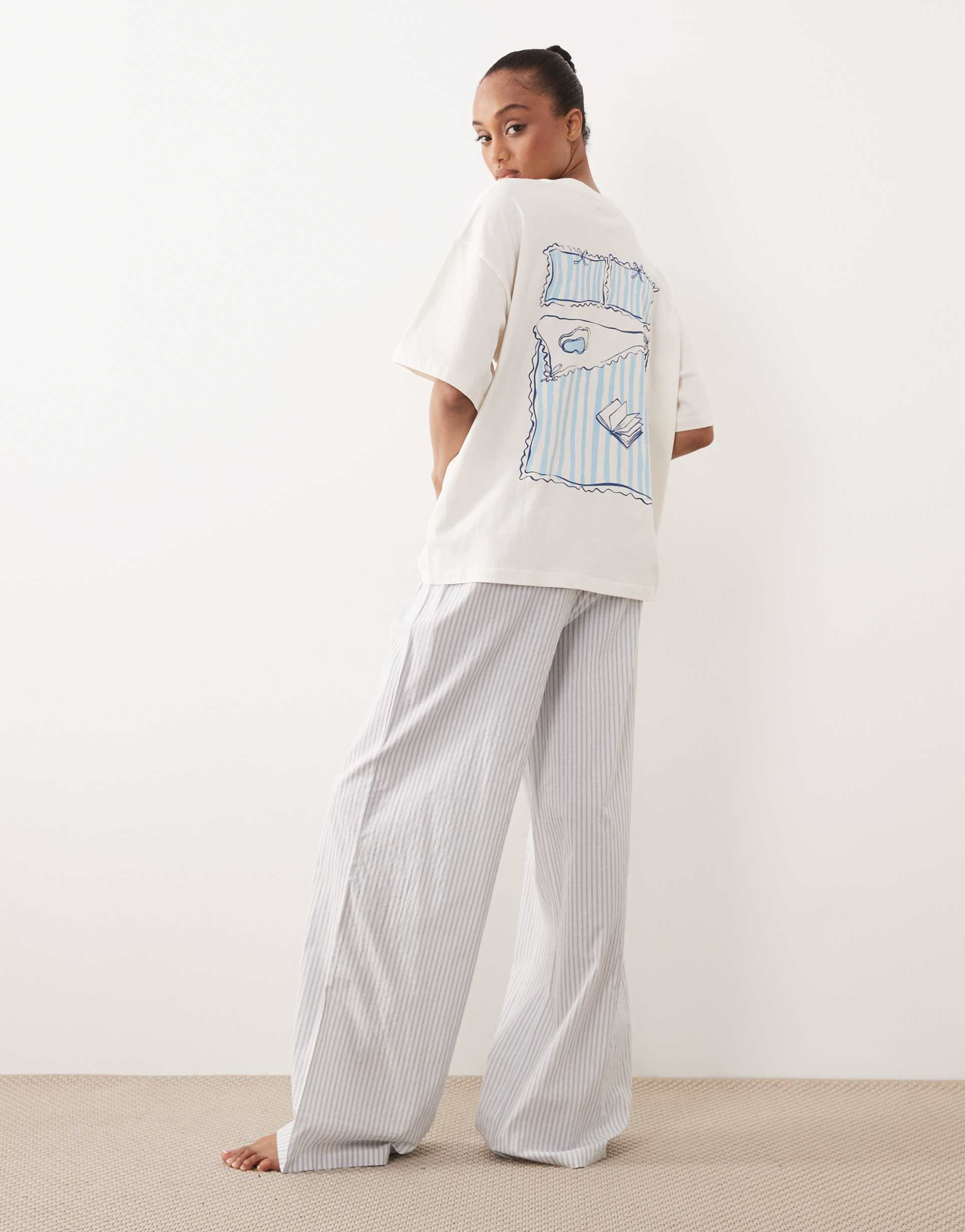 asos design tall breakfast in bed embroidered oversized short sleeve top & stripe pants pajama set in blue
