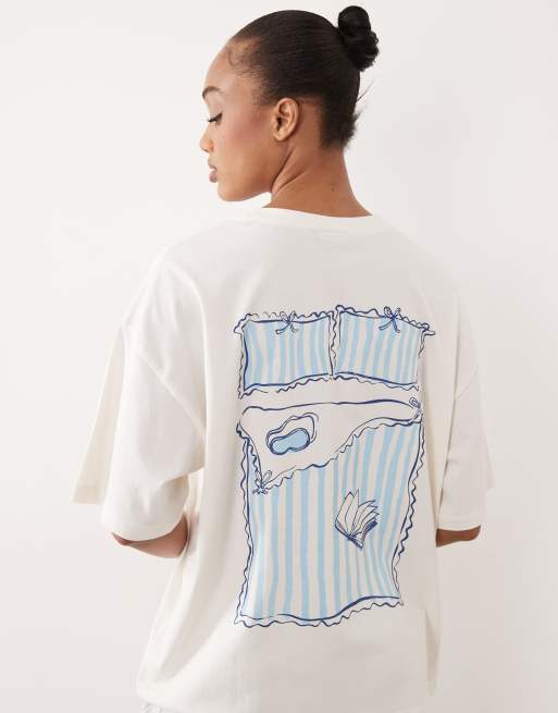 ASOS DESIGN Tall breakfast in bed embroidered oversized short sleeve top & woven stripe pants pyjama set in blue, 2 of 4