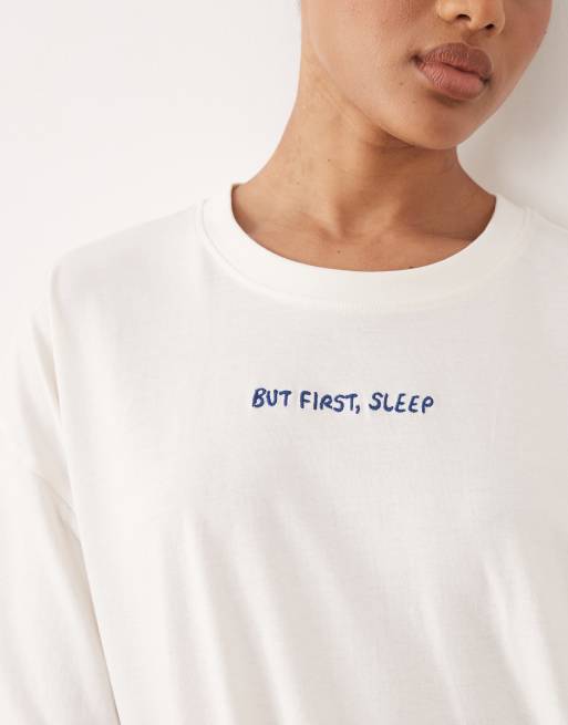 ASOS DESIGN Tall breakfast in bed embroidered oversized short sleeve top & woven stripe pants pyjama set in blue, 4 of 4