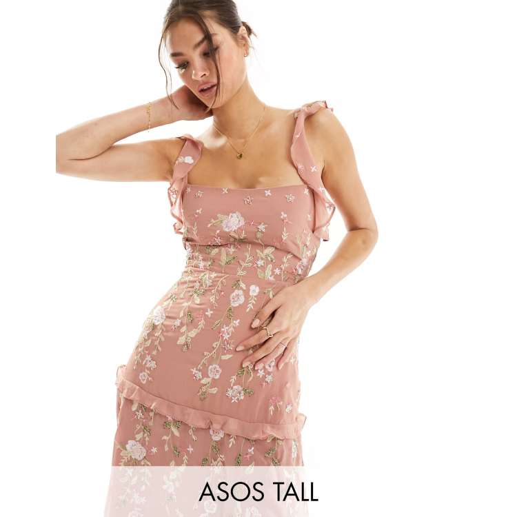 rose gold bridesmaid dresses asos DESIGN Tall cami embellished maxi dress with embroidery in sparkly rose gold bridesmaid dresses