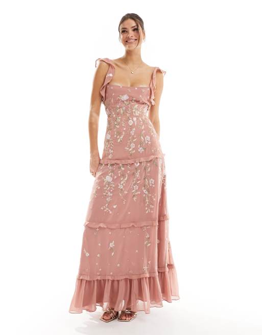 ASOS DESIGN Tall Bridesmaid cami embellished maxi dress with embroidery in rose ASOS